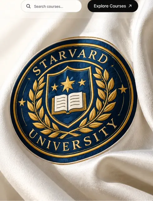 The Starvard University seal, embroidered in navy and gold on white silk