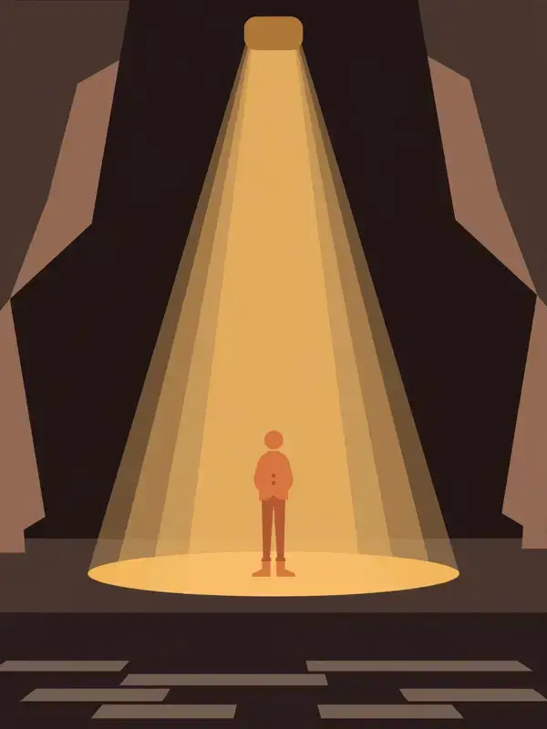 A lone actor standing in a single dramatic spotlight on a dark stage