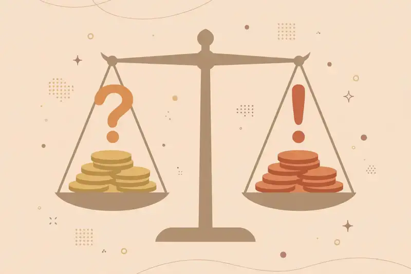 A scale weighing coins marked with question and exclamation marks