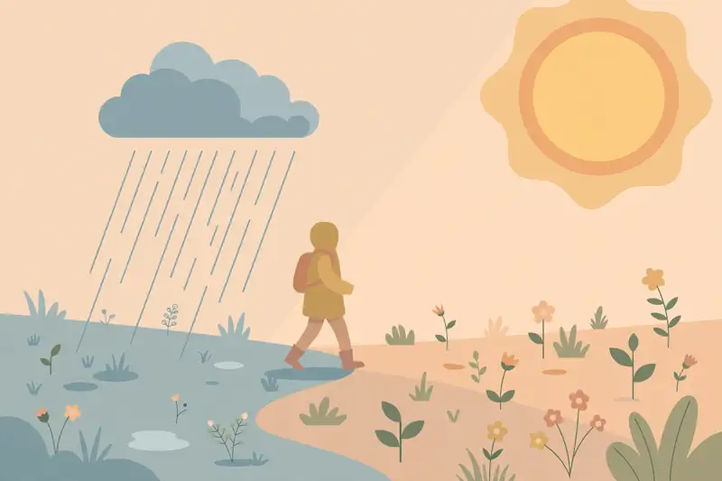 A person walking out from under a rain cloud into warm sunlight