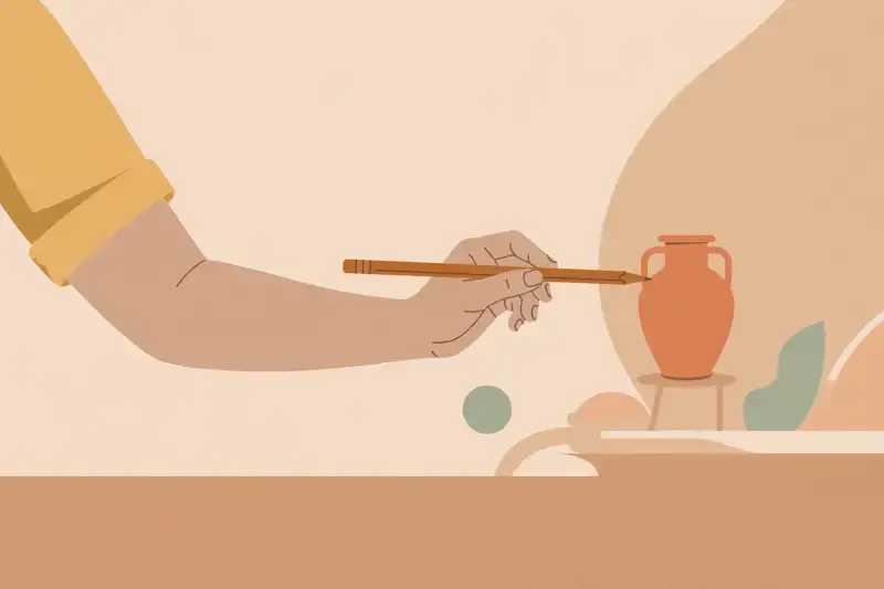 An artist measuring proportions with a pencil held at arm's length