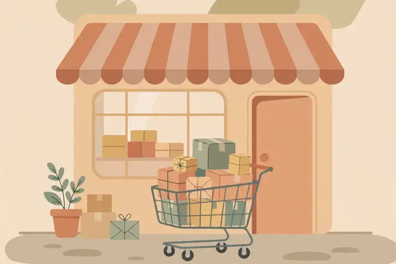 A charming online storefront with an awning and a shopping cart of packages