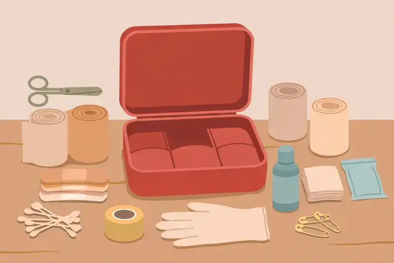 An open red first aid kit with bandages, gauze, and supplies neatly arranged