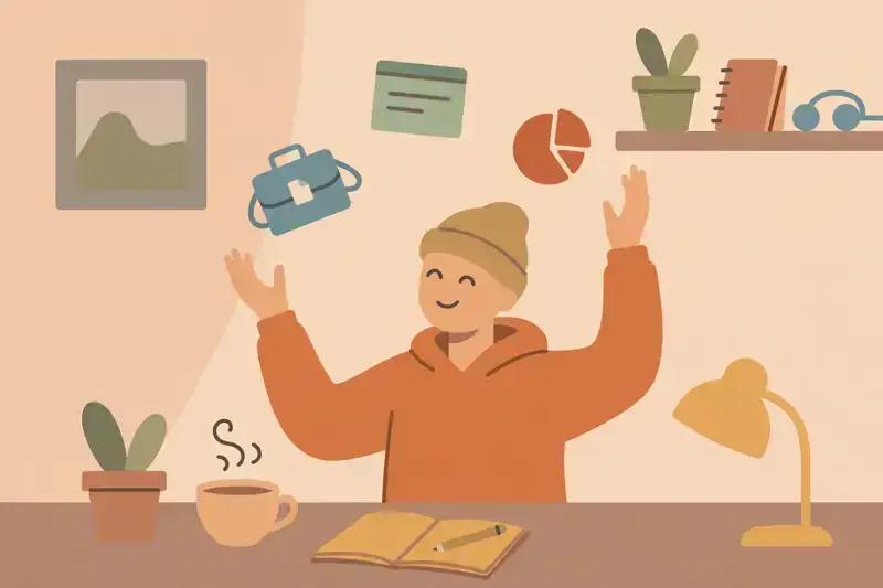 A person at a home desk happily juggling client project icons