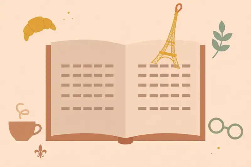 An open book with a small eiffel tower bookmark
