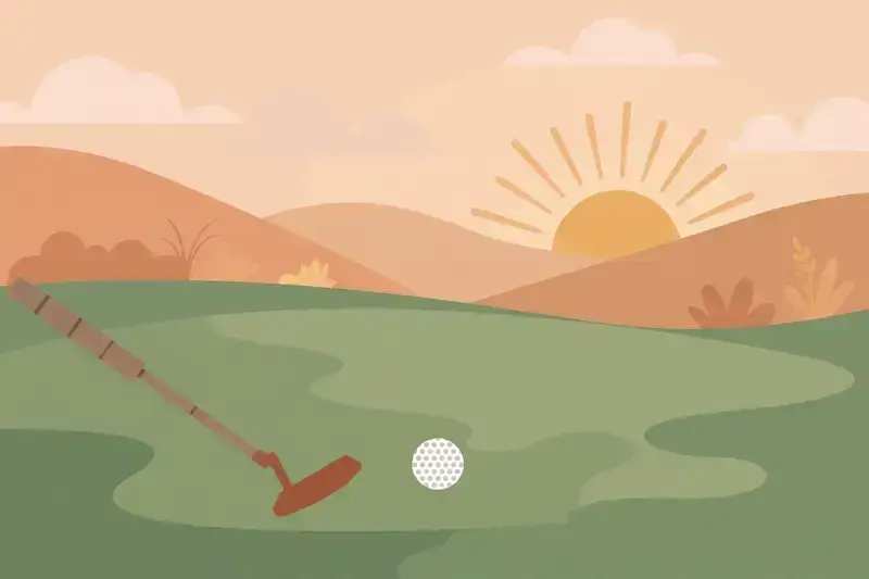 A flat illustration of a putter and golf ball on a practice green at sunrise