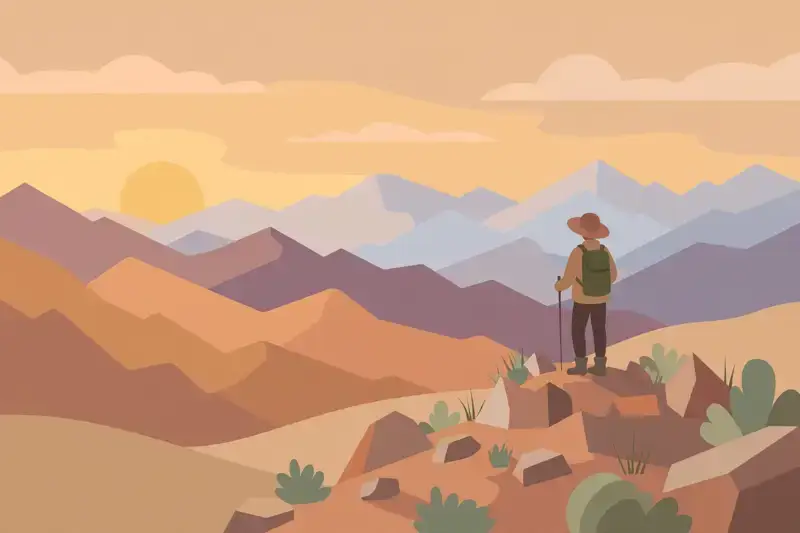A hiker standing on a rocky summit looking out over mountain ranges