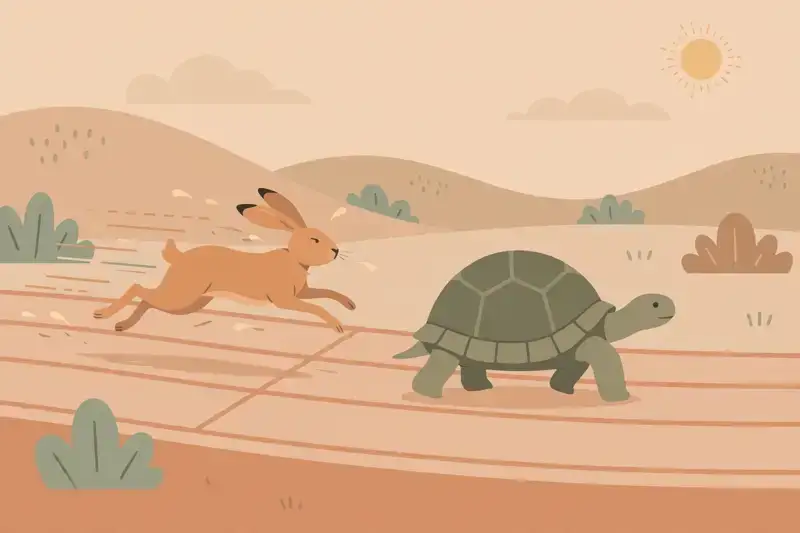 A calm tortoise walking past a frantic sprinting hare