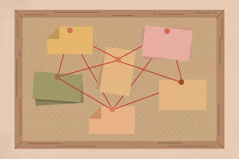 A corkboard with pinned documents connected by red string