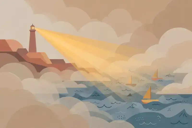A lighthouse beam cutting through fog toward small boats