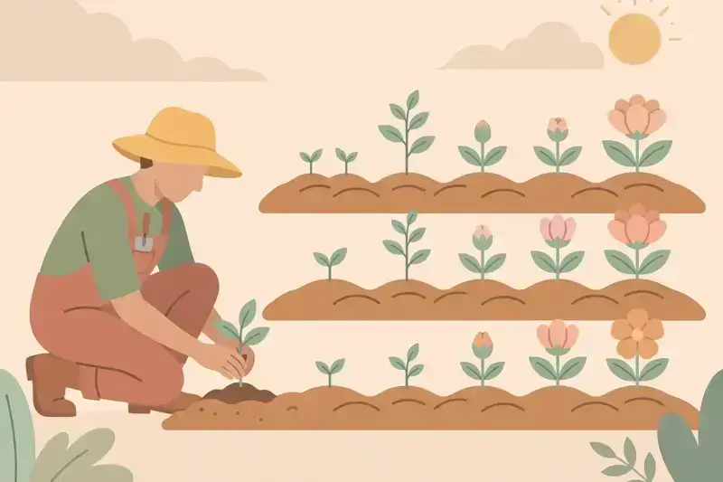 A gardener planting seedling posts that grow into flowers