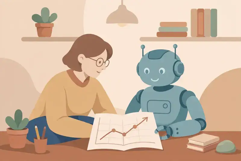 A person at a desk working alongside a friendly robot assistant, both viewing an upward chart