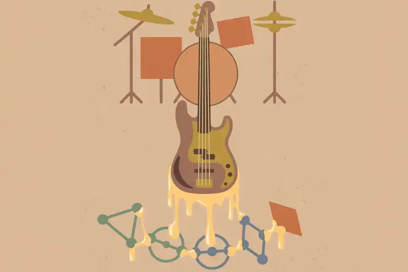 A deep bass line anchoring drums above and chords below