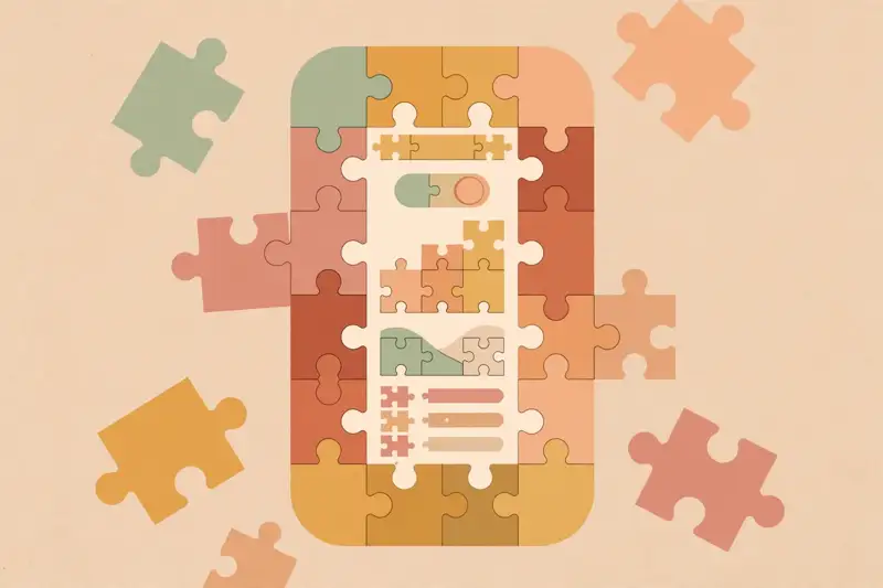 Colorful interlocking puzzle pieces forming an app shape