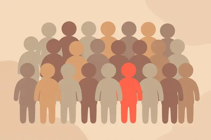 A crowd of simple figures with one figure standing out in a different color