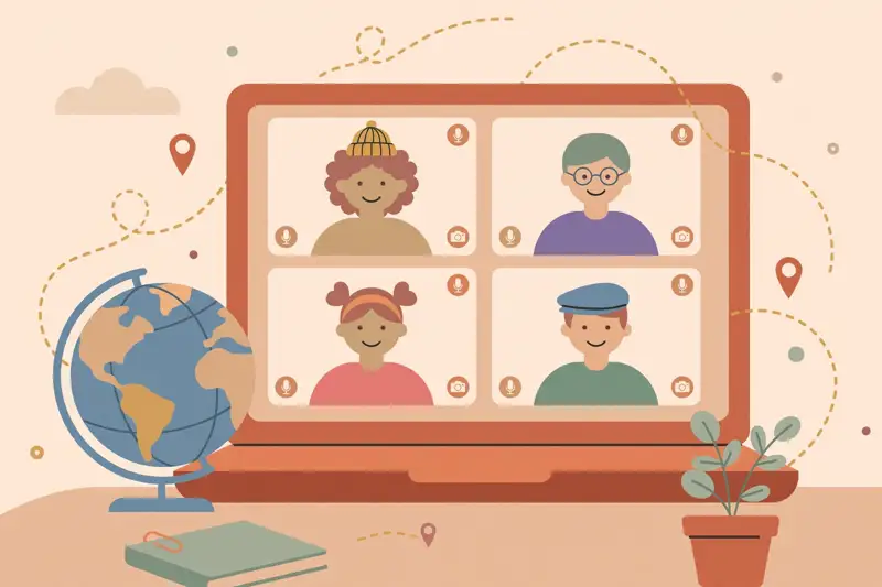 A laptop with video call windows connecting a team across the world