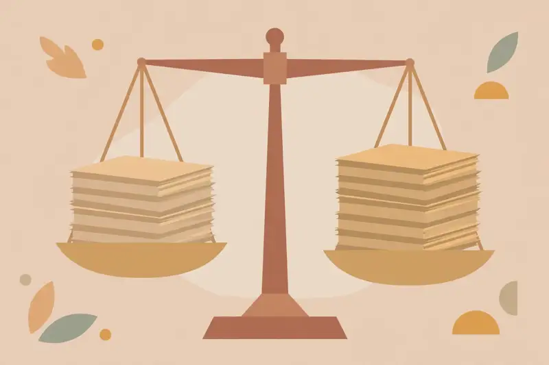 A balanced scale weighing two stacks of documents