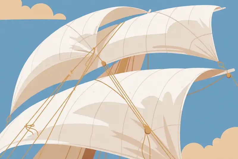 A flat illustration of sails billowing closeup against a blue sky