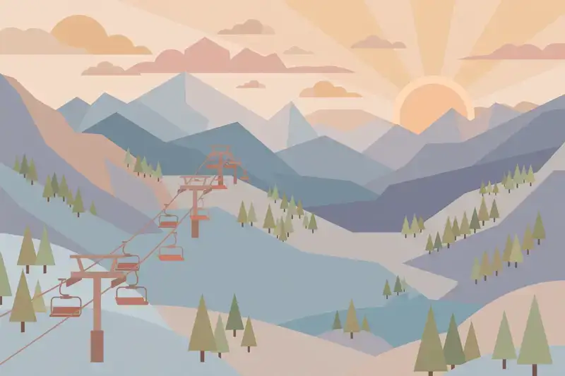 A flat illustration of a ski lift with chairs rising over a snowy mountain