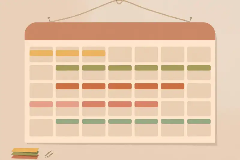 A wall calendar with steady content blocks marked across the weeks
