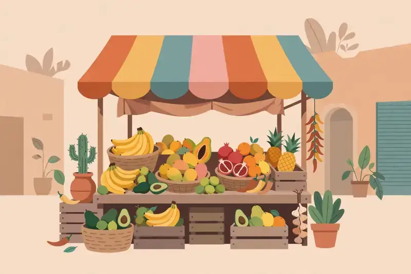 A vibrant latin street market stall with fruits and colorful awning