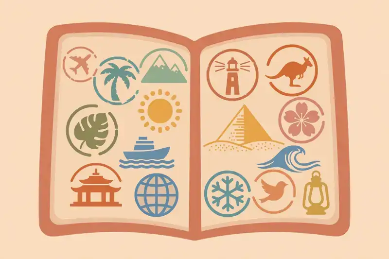 An open passport with colorful entry stamps from many countries