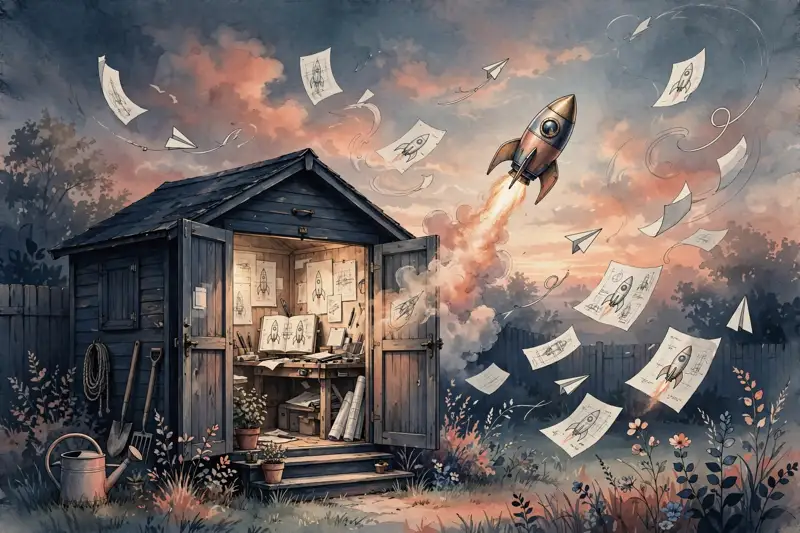 A small rocket launching from a backyard shed