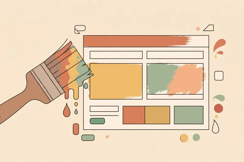 A paintbrush painting colors onto a wireframe webpage