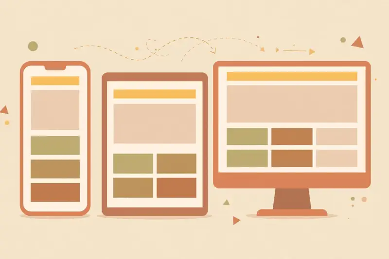 A phone, tablet, and desktop monitor showing the same page adapting to each screen